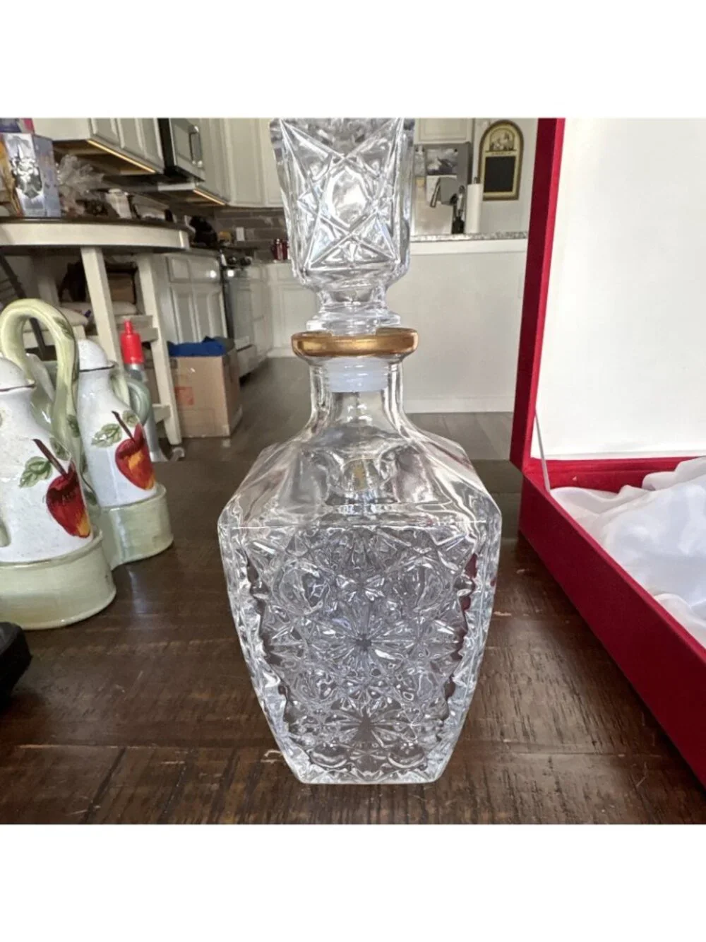 C.F. Design i Preziosi Crystal Decanter Set 6 Glasses Gold Rim Stopper Box-ITALY